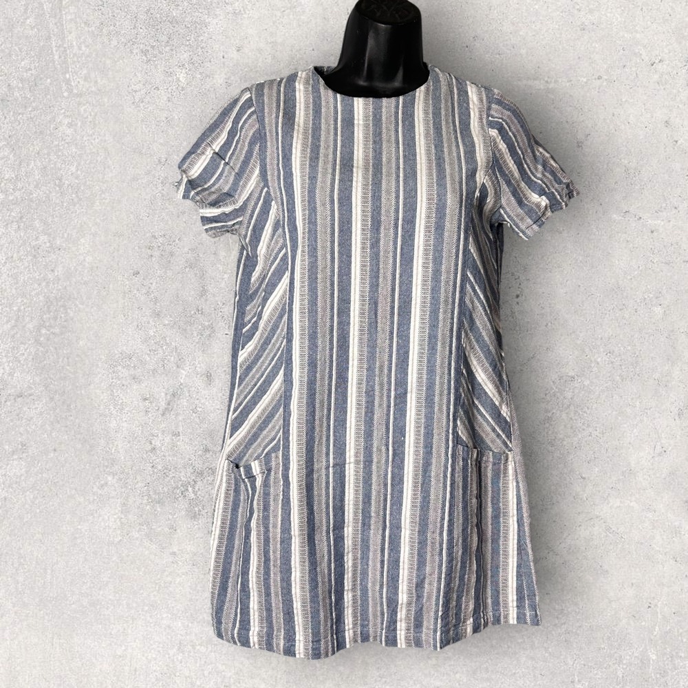 Paper Crane Dress Womens M Striped Blue Gray Linen Pockets Casual Shift Relaxed